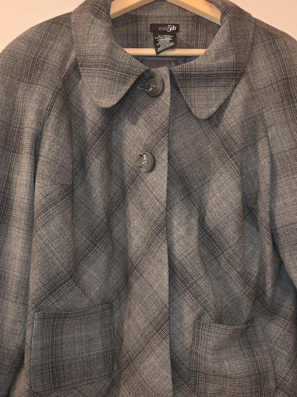 East 5th Gray Plaid Pea Coat with Rounded Collar